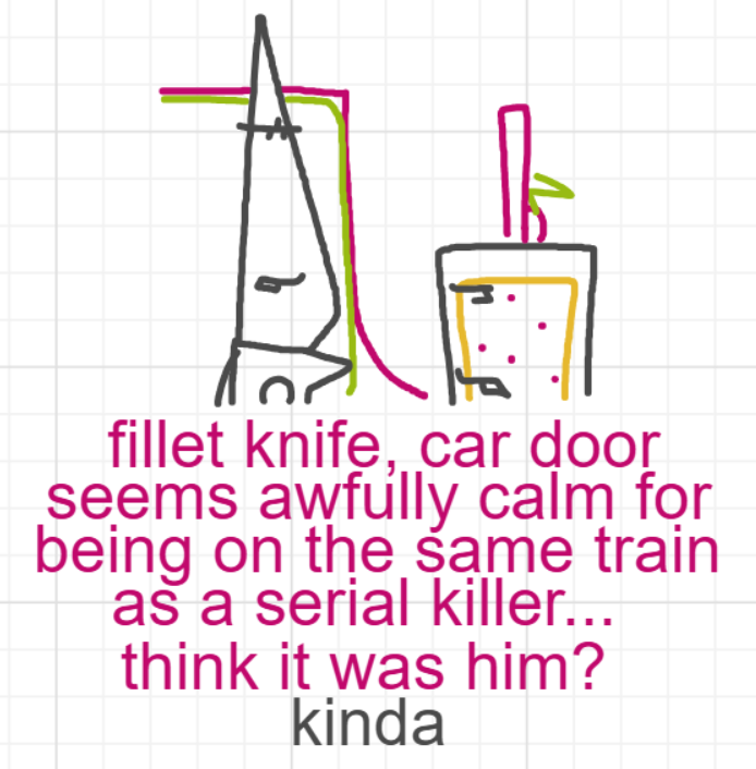 A panel from A Murder On The, episode six of the Board Boards object show by Furretwalk/WalkingFurret.