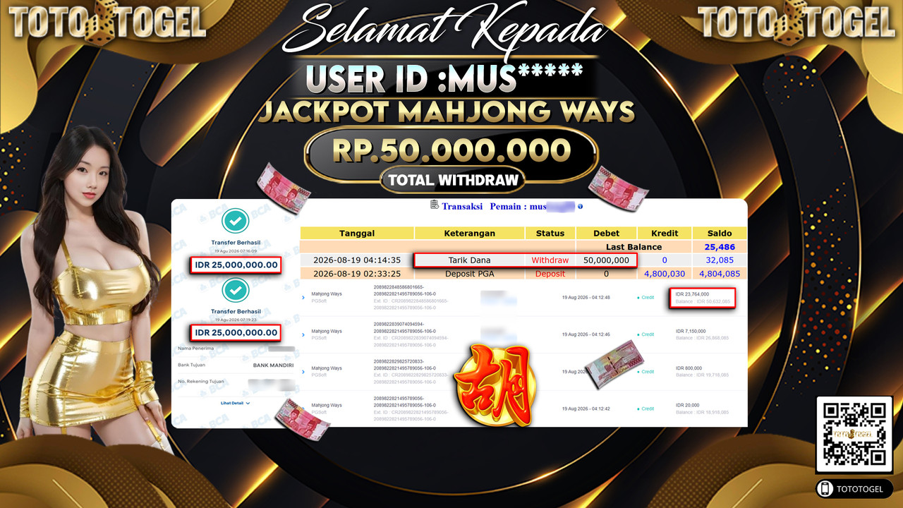 Bukti Pembayaran Jackpot Slot Mahjong Ways ID:MUS*****LUNAS