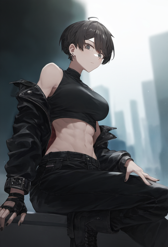 depth of field, 1girl, [[tall]], [toned], large breasts, short hair, black hair, s-1974836975