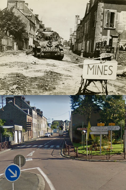 Photos avant-apres WWII - Page 26 M5-Stuart-mis-hors-d-tat-de-nuire-par-des-mines-allemandes-Coutances-en-France-en-juillet-1944