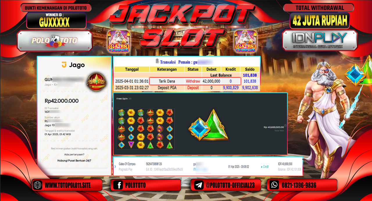 POLOTOTO JACKPOT SLOT GATES OF OLYMPUS  Rp.42.000.000,-