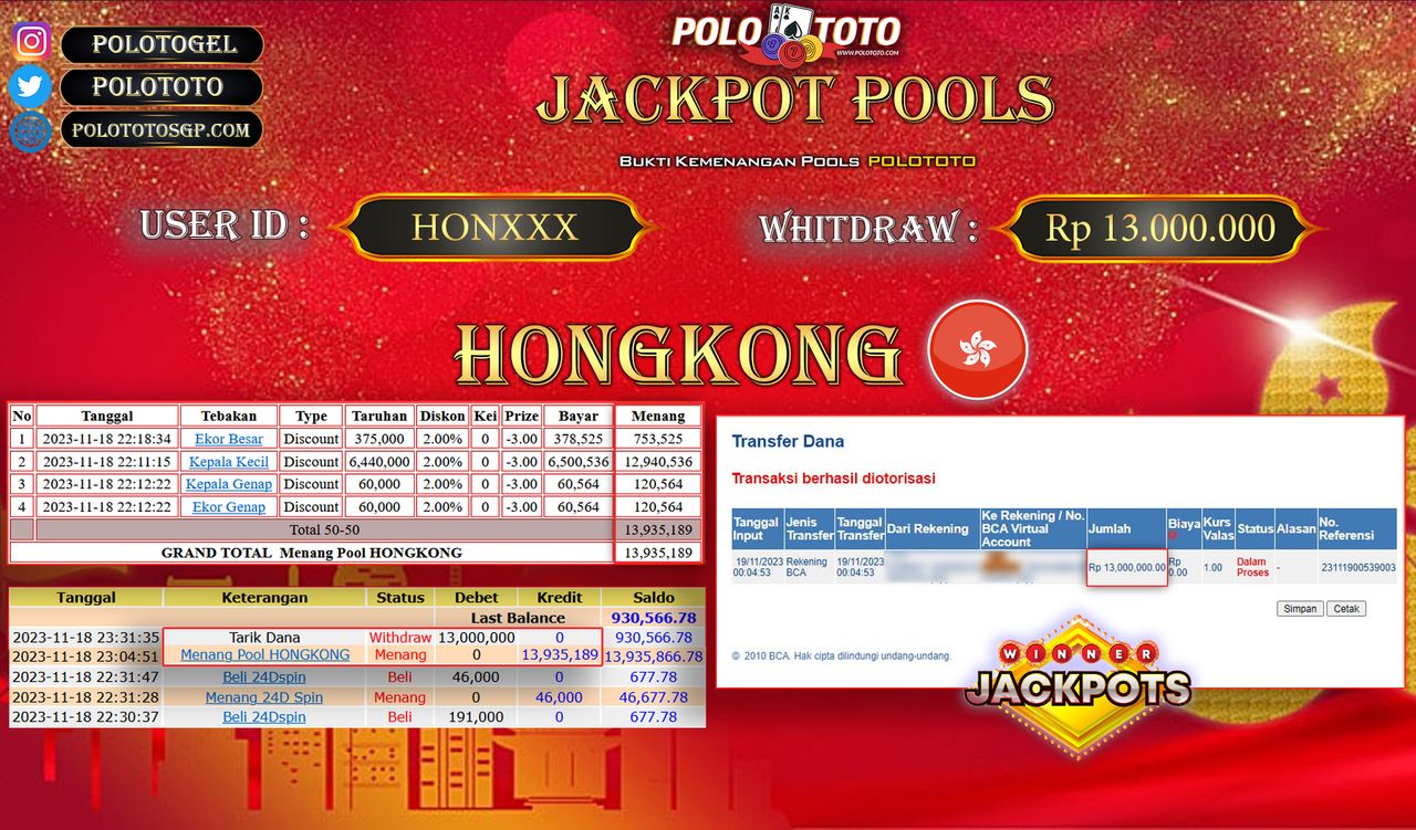 BUKTI PEMBAYARAN JACKPOT DIPOLOTOTO DIBAYAR LUNAS!!!