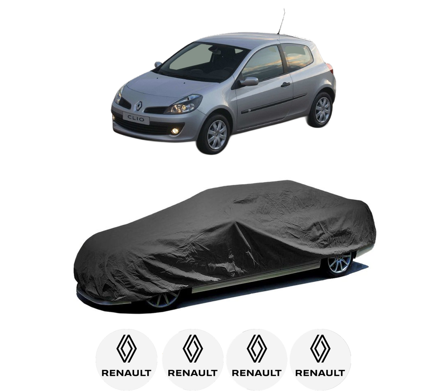 Husa tip prelata auto pentru RENAULT CLIO III (BR0/1, CR0/1) din 2005-2014, Culoare Negru, material textil impermeabil, rezistanta la intemperii praf UV, CARPASSION Husa Protectie, 4 Stickere auto cu RENAULT