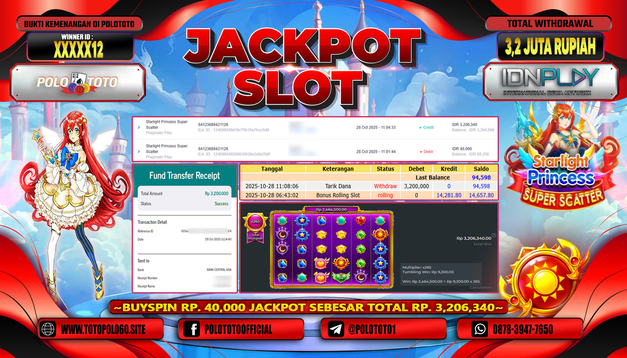 POLOTOTO JACKPOT SLOT STARLIGHT PRINCESS SUPER SCATTER Rp.3.200.000,- LUNAS