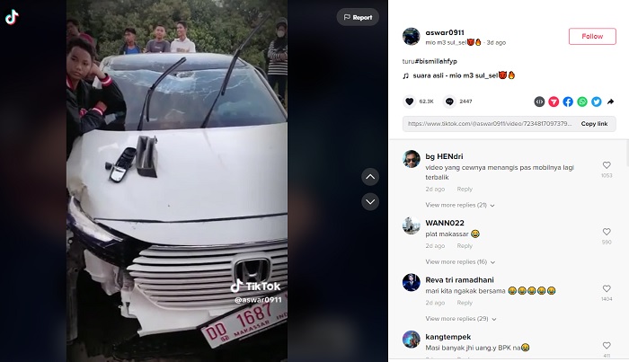 Unggahan video kecelakaan tunggal yang melibatkan pelajar SMP viral di media sosial, sempat joget-joget sebelum mobil barunya menabrak pohon dan terbalik. Peristiwa itu terjadi di Jalan Bulu Pekoto, Kecamatan Paleteang, Kabupaten Pinrang, Sulawesi Selatan.