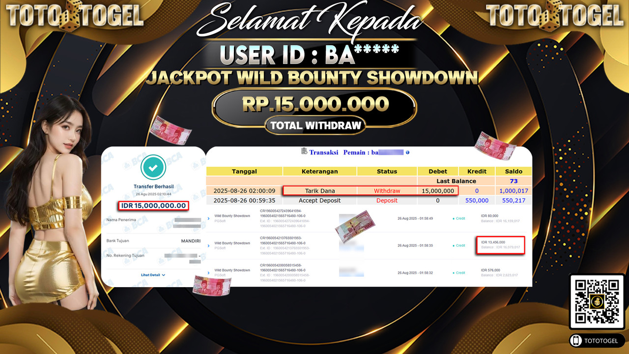 Bukti Pembayaran Jackpot Permainan Slot Wild Bounty Showdown ID:BA***** LUNAS