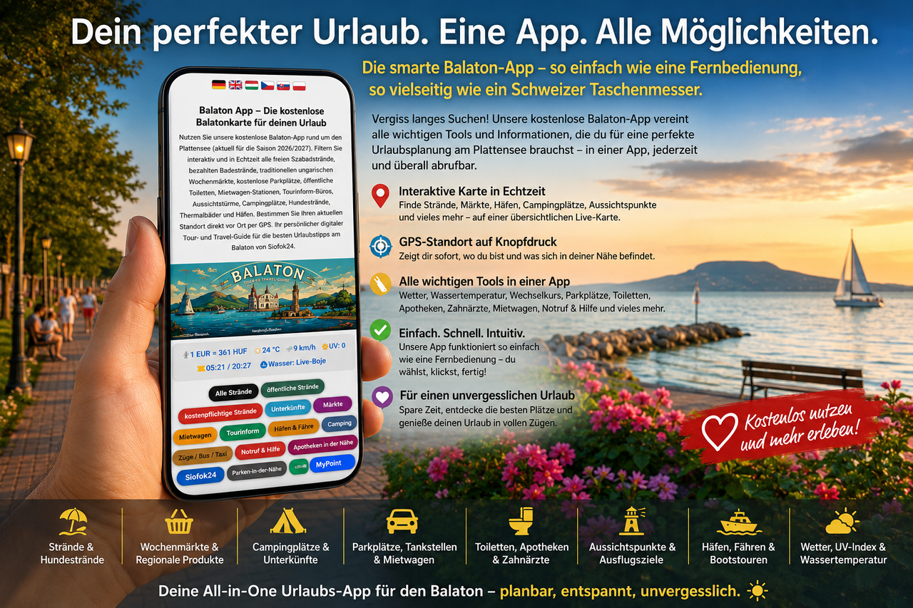 Kostenloses interaktives Web-Tool für Balaton Strände, Märkte und Aussichtspunkte