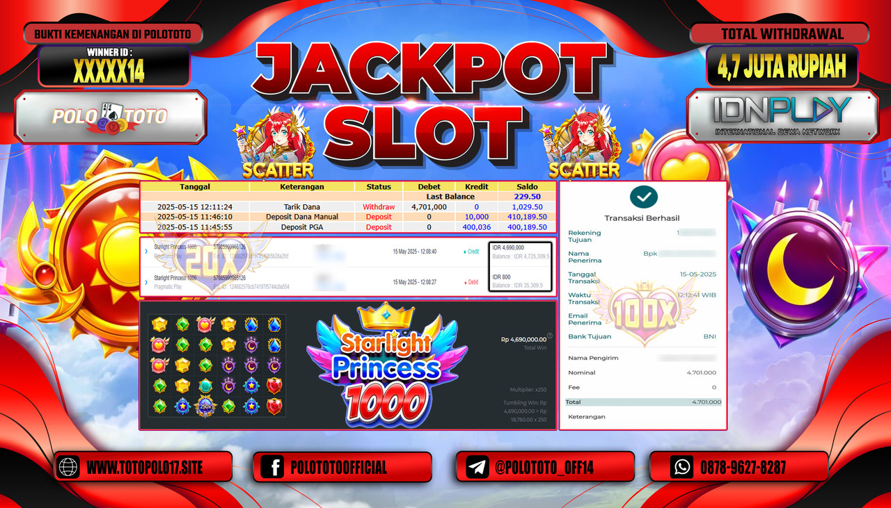 POLOTOTO JACKPOT SLOT STARLIGHT PRINCESS 1000 Rp.4.701.000,-