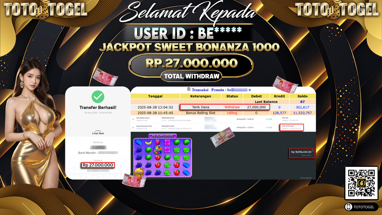Bukti Pembayaran Jackpot Permainan Slot Sweet Bonanza 1000 ID:BE***** LUNAS