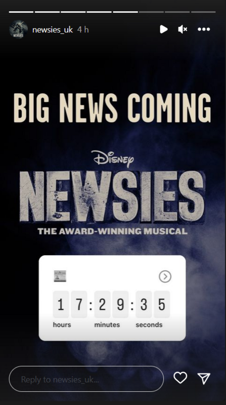 Screenshot of Newsies instagram story with countdown