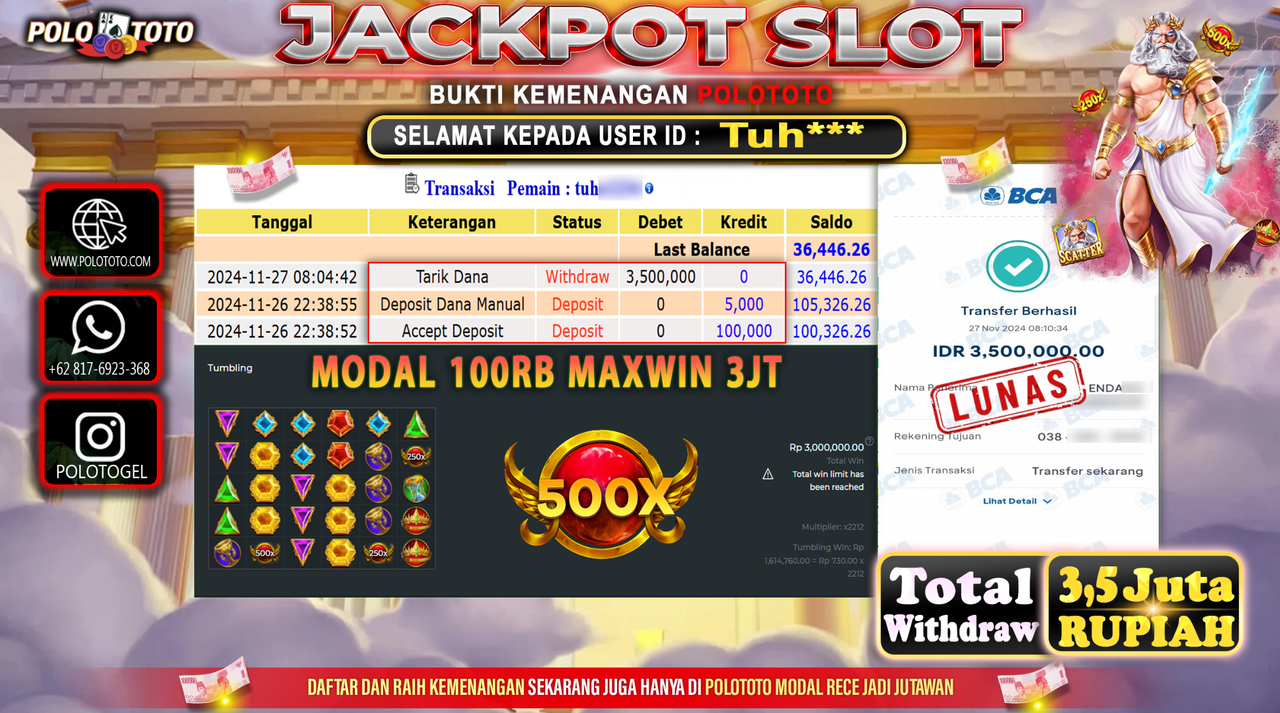 POLOTOTO JACKPOT SLOT GATES OF OLYMPUS  Rp.3,500.000,-