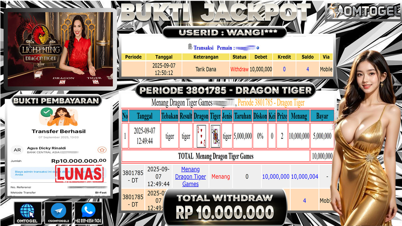 OMTOGEL JACKPOT LIVE GAMES DRAGON TIGER 10 JUTA DI BAYAR LUNAS ,-