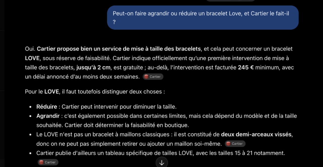 Capture ChatGPT : Oui, Cartier propose bien un service de mise à taille des bracelets, et cela peut concerner un bracelet LOVE.