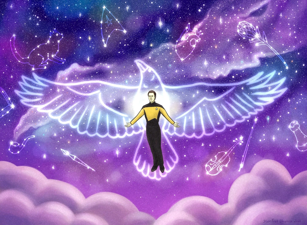 A digital drawing of Data in his regular unifrom hovering in space with his eyes closed. There are clouds at the bottom of the frame and stars around him. Some stars form constellations of Spot, a Starfleet Delta, a human heart, a flower, a pipe, a violin and a chess piece. There is a glowing silhouette of a big flying raven around Data.