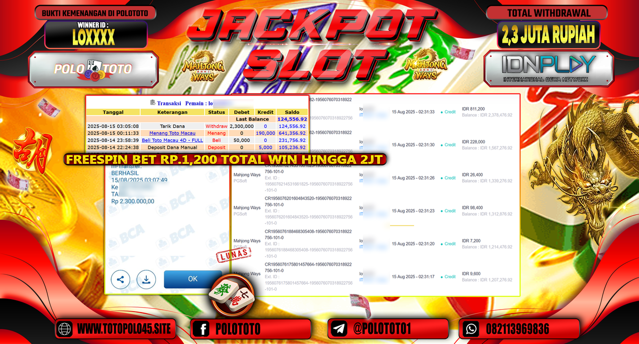 POLOTOTO JACKPOT SLOT MAHJONG WAYS Rp.2.300.000,-LUNAS