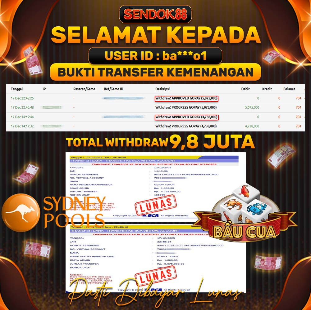 SENDOK88 JEPE! SYDNEY POOLS & BAU CUA Rp 9.813.000,- LUNAS!
