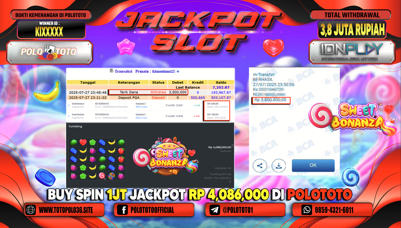 POLOTOTO JACKPOT SLOT SWEET BONANZA Rp.3.800.000,-LUNAS