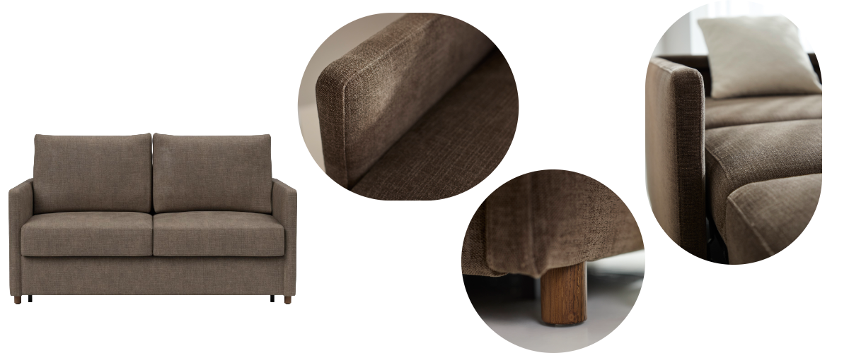 Neah 140 Slim Arms Innovation Living — détails accoudoirs fins rembourrés et pieds chêne foncé laqué — Déco Éléments Paris 18e