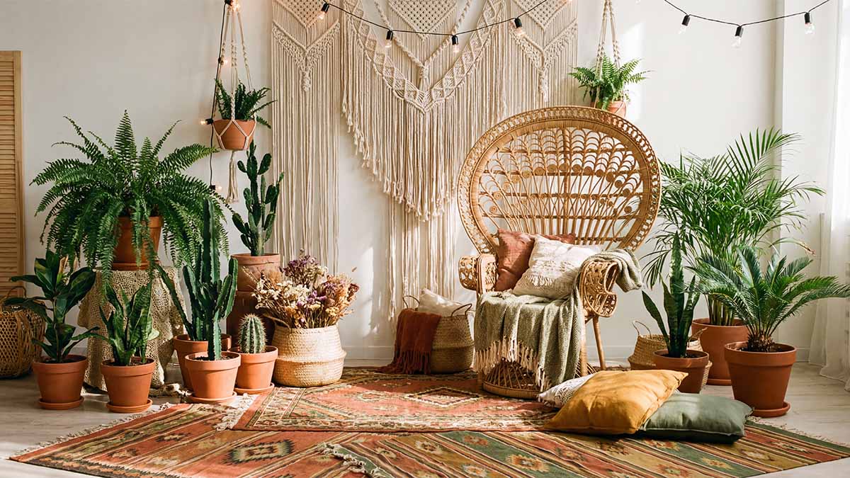 Фотозона в стиле бохо с плетеным креслом и этническим текстилем