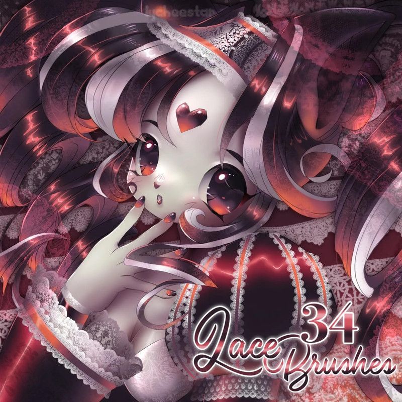 34 Procreate Lace Brushes. It's an example image of a cat girl in dark red lolita clothes.