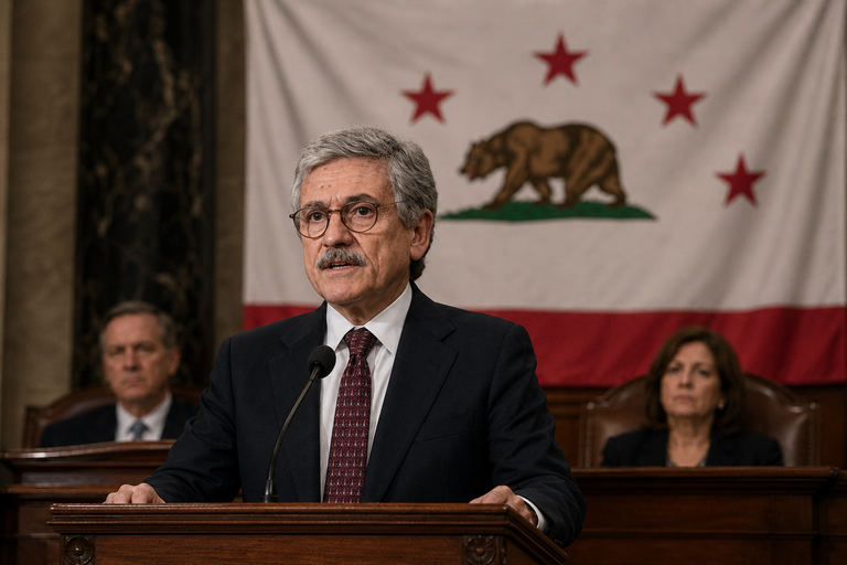 Le Président fédéral Simeon Belagri lors de sa prise de parole en direct devant le Sénat de la Grande République, le 5 juillet 2019.