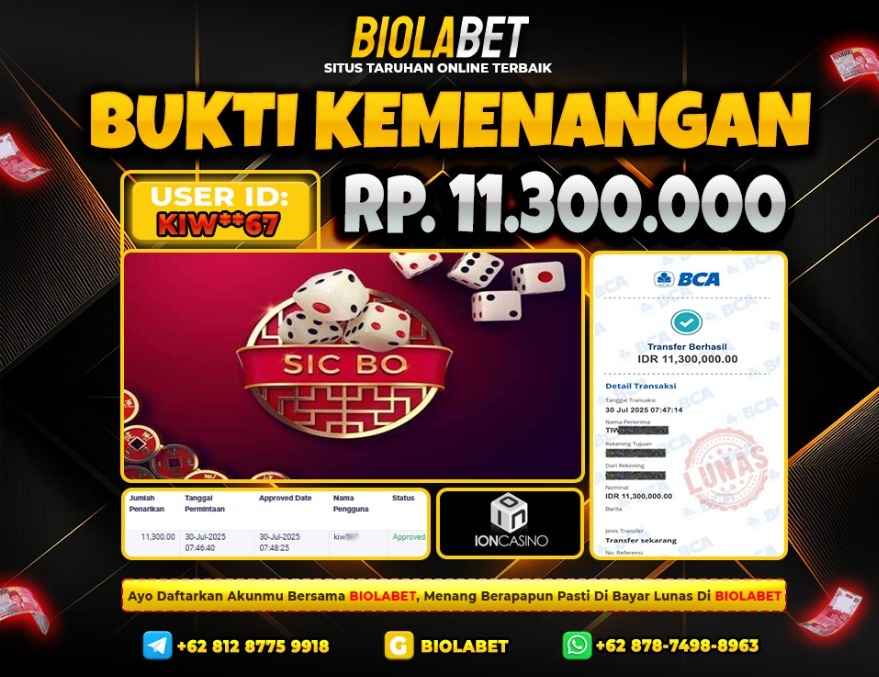 BIOLABET JACKPOT ION CASINO Rp.11.300.000.,- LUNAS