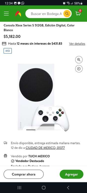 Bodega Aurrera: Consola Xbox Series S 512GB, Edición Digital, Color Blanco (+ 12% bonif pagando con Cashi) 
