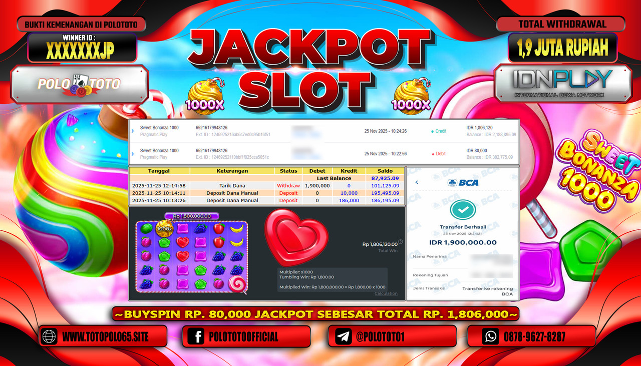 POLOTOTO JACKPOT SWEET BONANZA 1000 Rp.1.900.000,- LUNAS