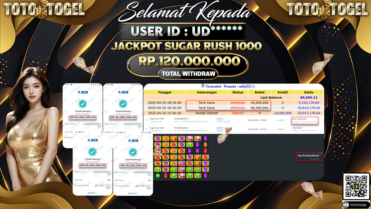 Bukti Pembayaran Jackpot  Permainan Slot Sugar Rush 1000 ID:UD***** LUNAS