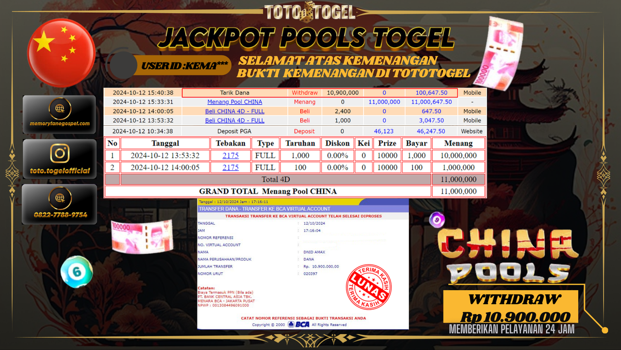 Bukti Kemenangan Permainan Pools Togel China 4D ID : KEMA*** Terbayar Lunas!!