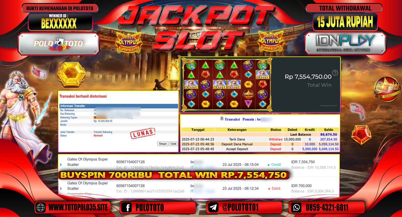 POLOTOTO JACKPOT SLOT GATES OF OLYMPUS SUPER SCATTER Rp.15.000.000,- LUNAS