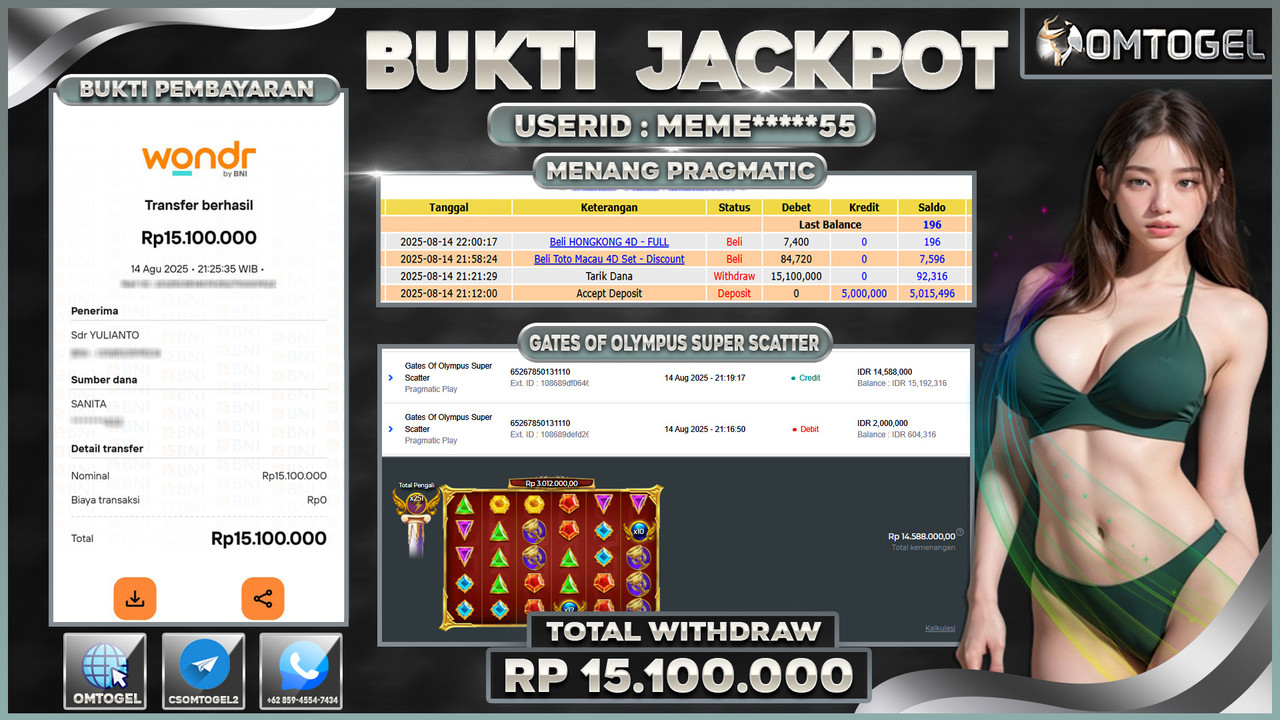 OMTOGEL JACKPOT PRAGMATIC PLAY GATES OF OLYMPUS 15 JUTA DI BAYAR LUNAS ,-