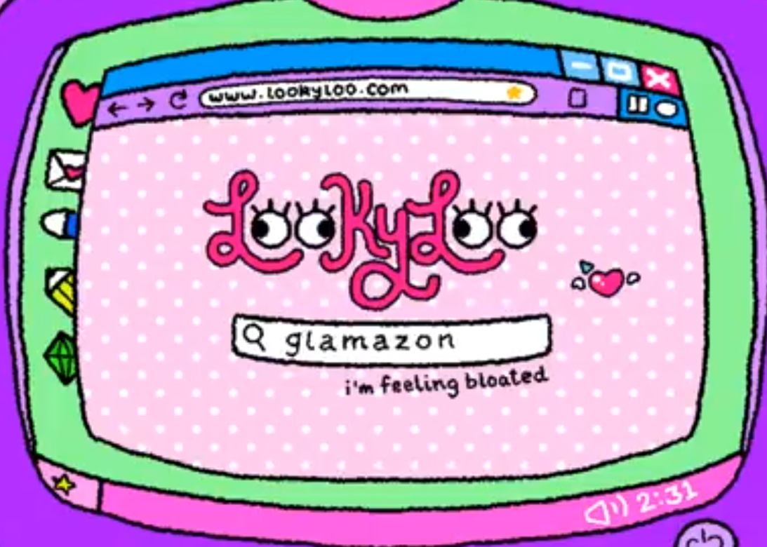 a purple CRT displays a girly pink knockoff of google called lookyloo with glamazon in the search bar