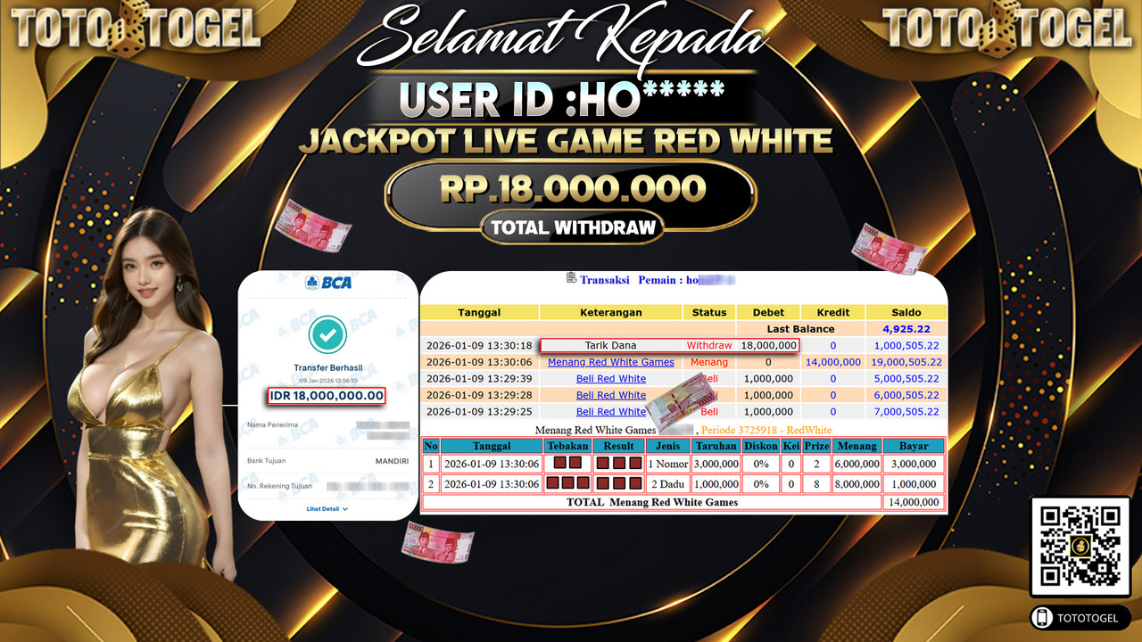 Bukti Pembayaran Jackpot Permainan Live Game Red White  ID:HO**** LUNAS