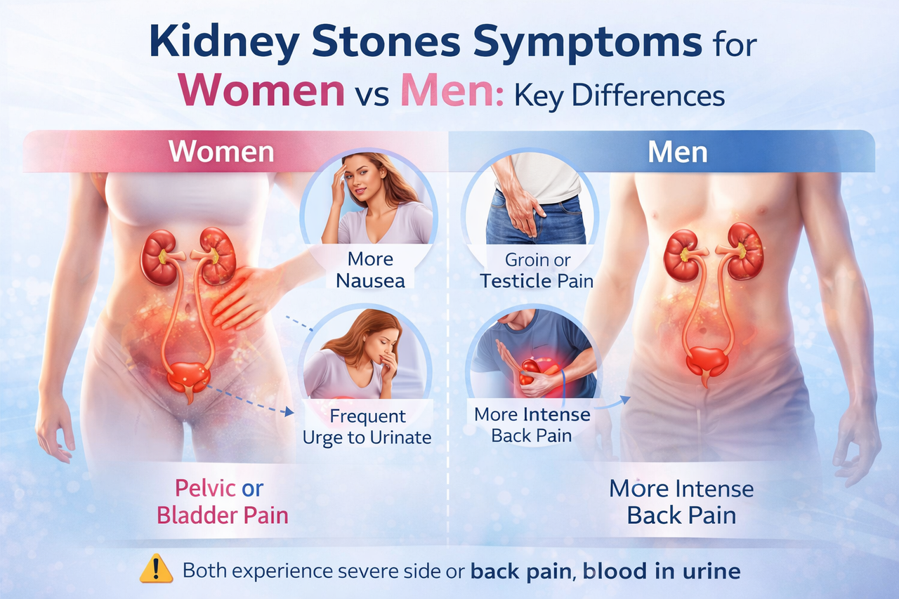 Kidney stones symptoms for women vs men comparison infographic showing key differences in pain location and urinary symptoms