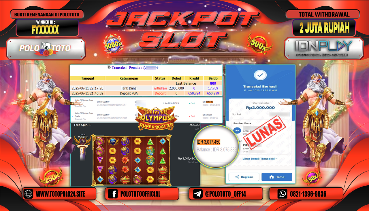 POLOTOTO JACKPOT SLOT GATES OF OLYMPUS SUPER SCATTER Rp.2.000.000,-