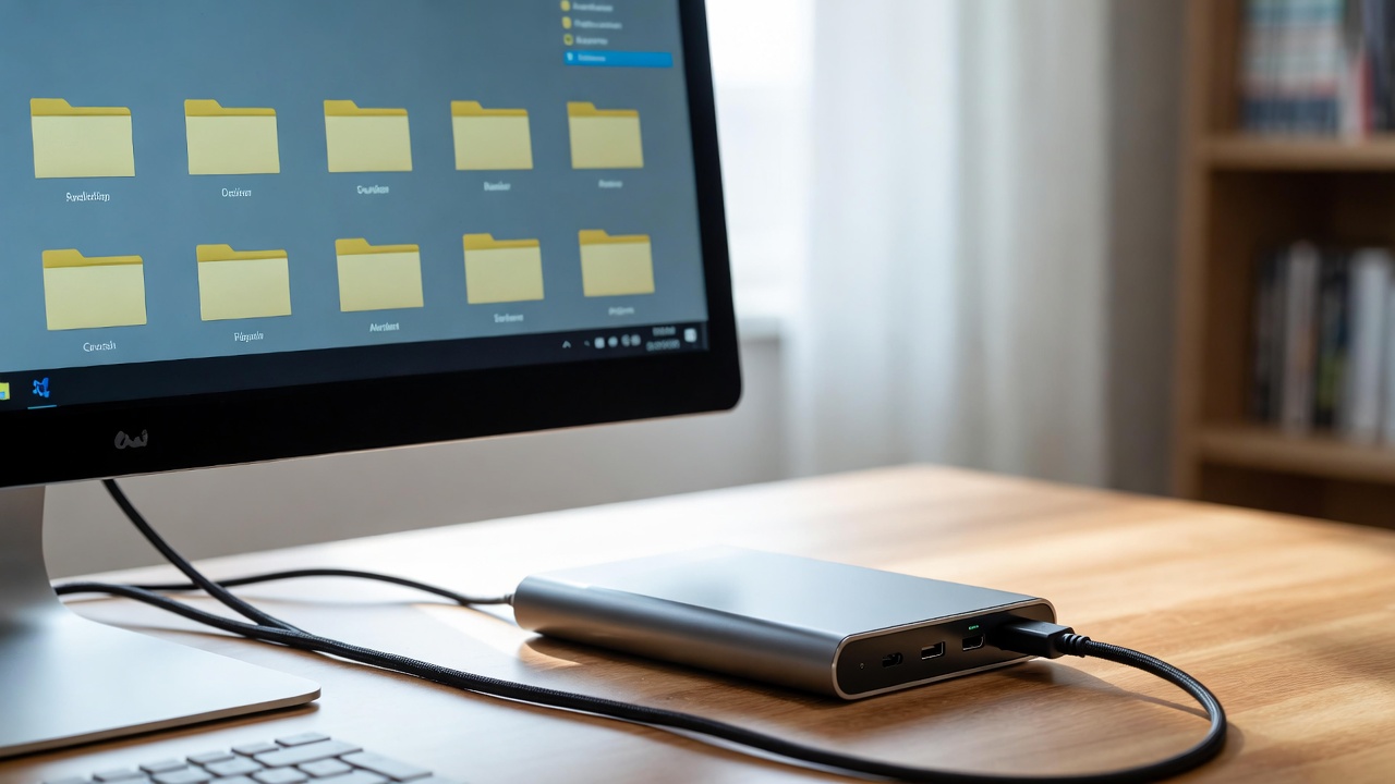 Organized backup storage setup showing external drive connected to computer with folder structure