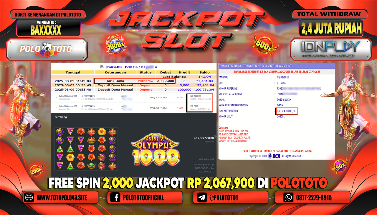POLOTOTO JACKPOT SLOT GATES OF OLYMPUS 1000 Rp.2.400.000,-LUNAS