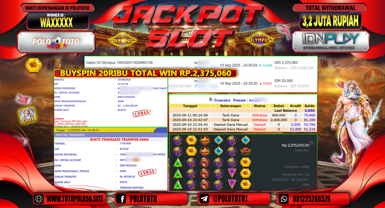 POLOTOTO JACKPOT SLOT GATES OF OLYMPUS 1000 Rp.3.200.000,-