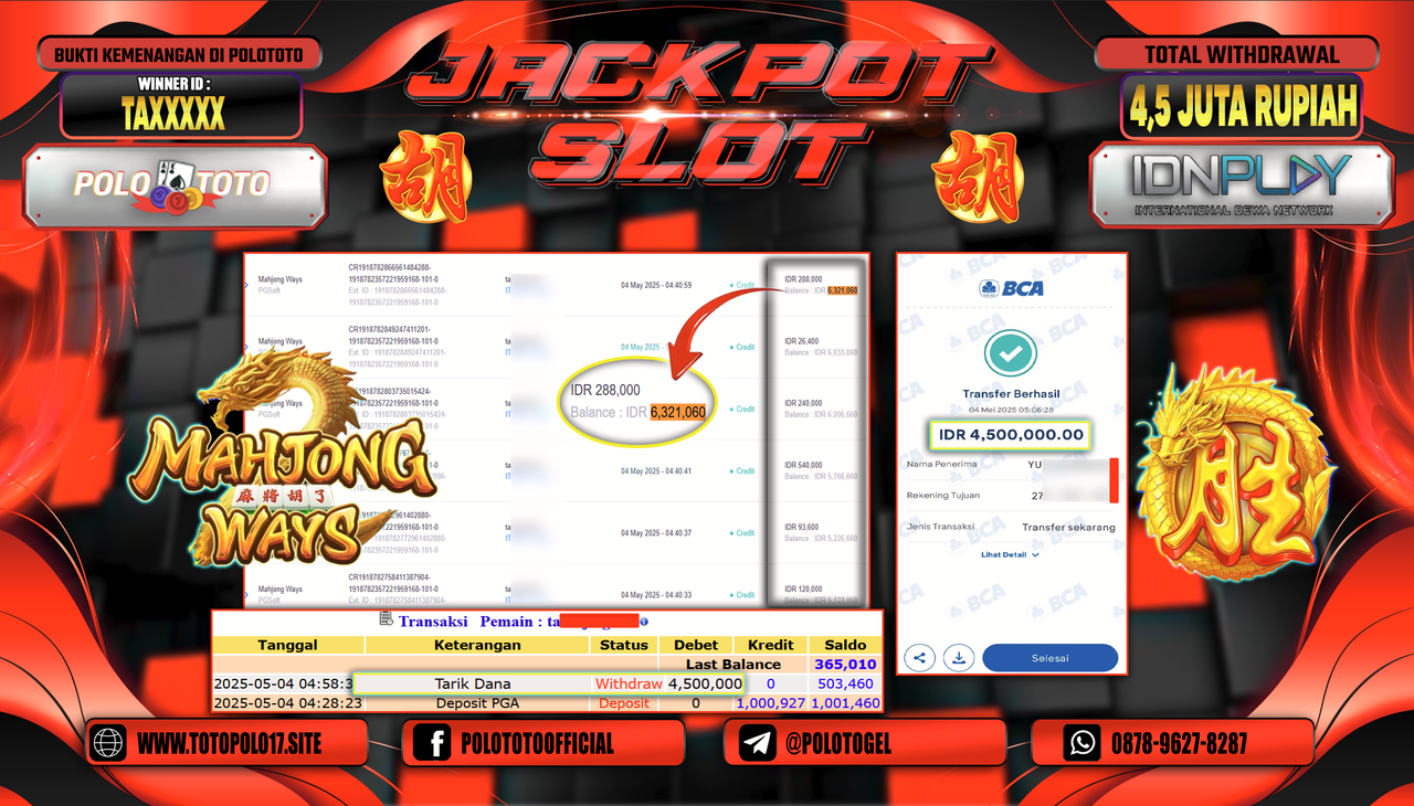 POLOTOTO JACKPOT SLOT MAHJONG WAYS Rp.4.500.000,-