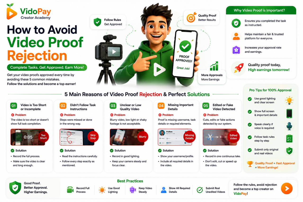 Guide to securing video proof approvals and preventing task rejections on VidoPay