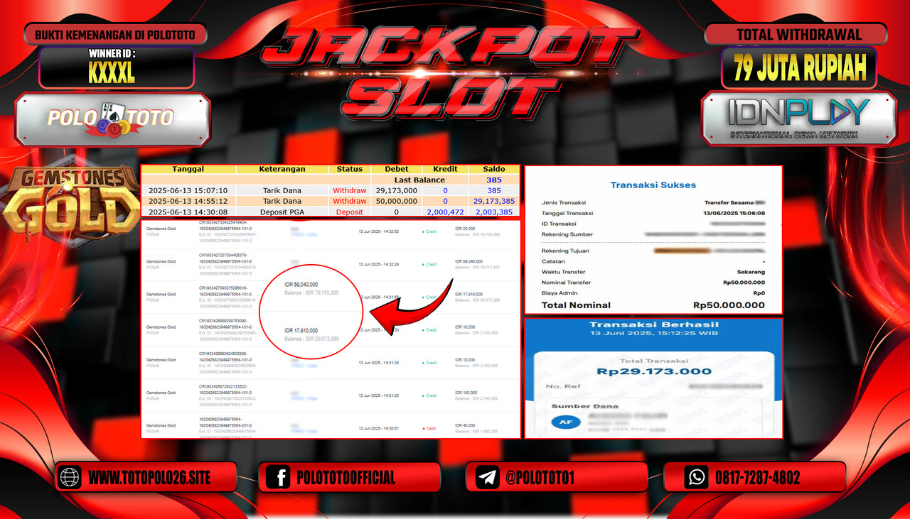 POLOTOTO JACKPOT SLOT GEMSTONES GOLD Rp.79.000.000,- LUNAS