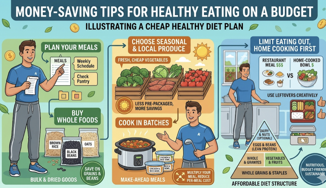 Grocery shopping cart with affordable healthy foods including eggs, chicken, vegetables, rice, representing budget meal plan fitness