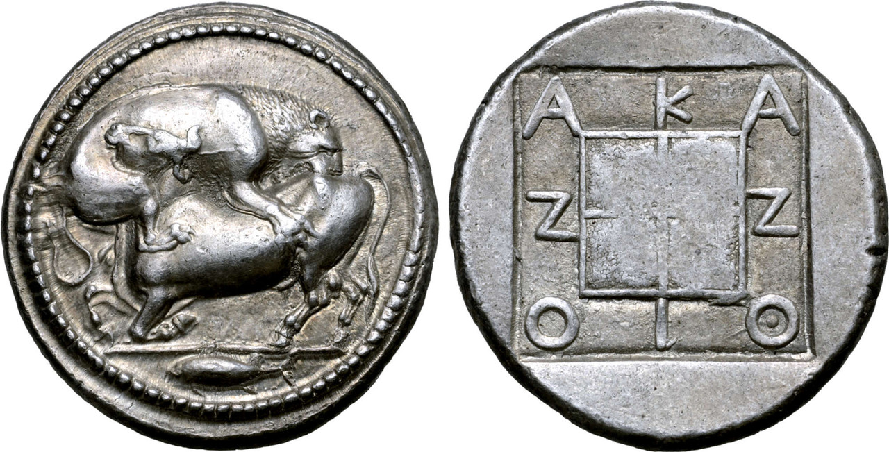 Tetradracma ático. Akanthos (Acanto, Actual Ierissos. Grecia). Año: 470-430 a.C. Roma-Numismatics-Auction-XX-Day-1-29-10-2020-Lot-123