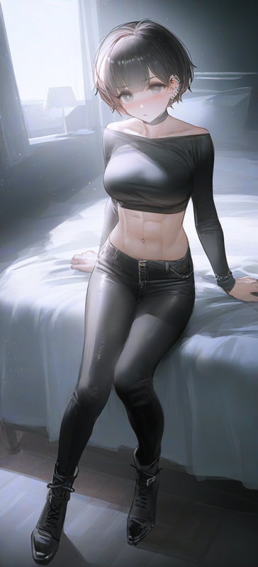 1girl, {{reoen}}, liduke, Tall, black leather jumper, short hair, tomboy, abs, b s-2419866030