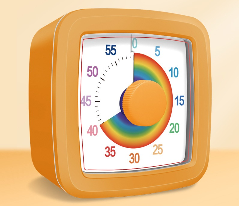 Orange Visual timer for kitchen – a 60-minute rainbow countdown timer, silent operation, suitable for cooking, studying, and everyday tasks. Battery powered (batteries not included), made of ABS plastic