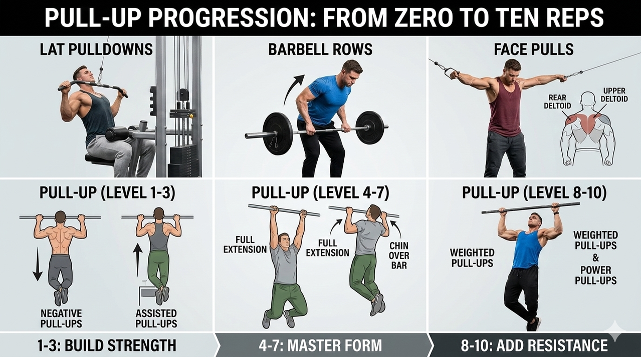 Collage of lat pulldowns, rows, and face pulls for how to do a perfect pull-up from zero to ten reps