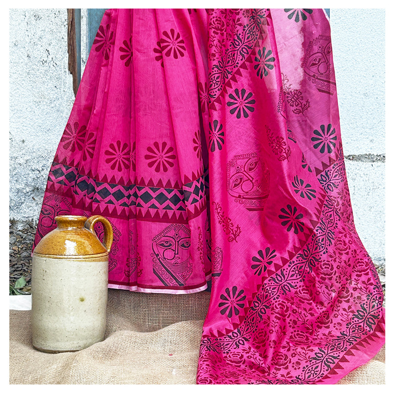 Hand Block Printed Pink Saree with Ethnic Lady Face and Floral Motifs