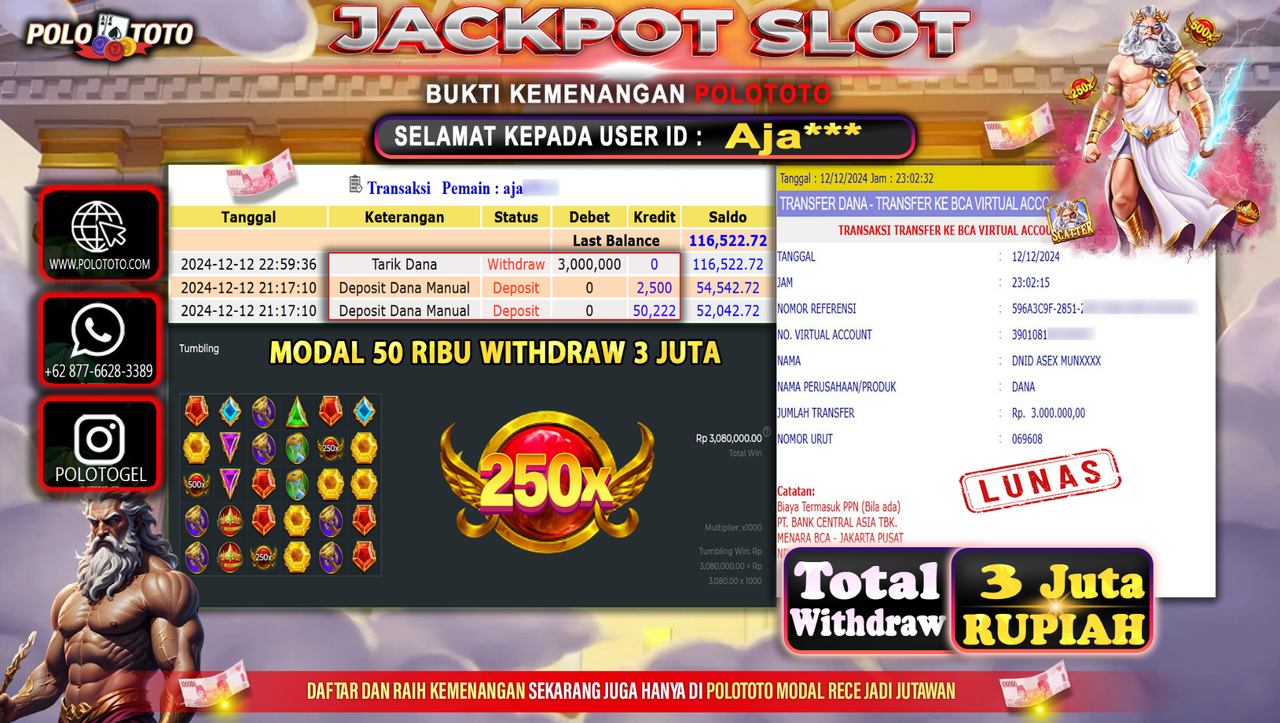 POLOTOTO JACKPOT SLOT GATES OF OLYMPUS Rp.3,000.000,-