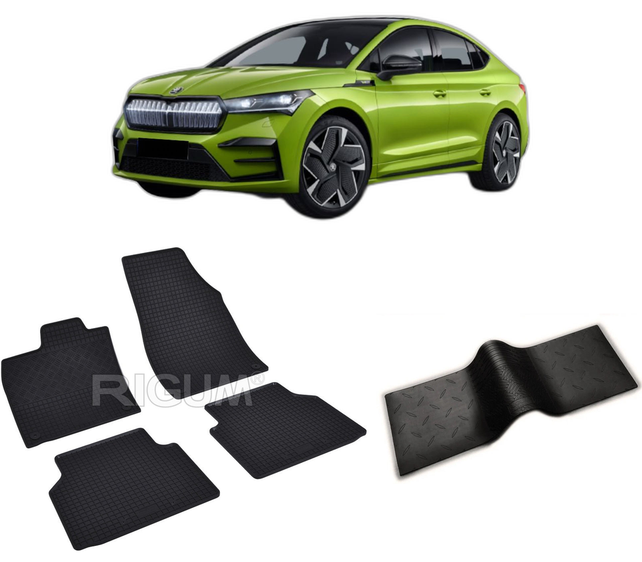 Set covorase auto SKODA ENYAQ IV ELECTRIC din 02.2022-PREZENT, cu covoras tunel median, CAROSERIE COUPE, Presuri cauciuc 100%, compatibil cu autoturismul SKODA ENYAQ IV ELECTRIC, Rigum